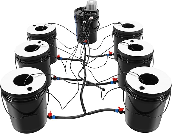 Hydroponics Growing System 5-Gallon 7 Bucket Deep Water Culture Recirculating Drip Garden System with Multi-Purpose Air Hose for Indoor Gardening Balcony Farming(RDWC（1+6） + Top Feed Drip)