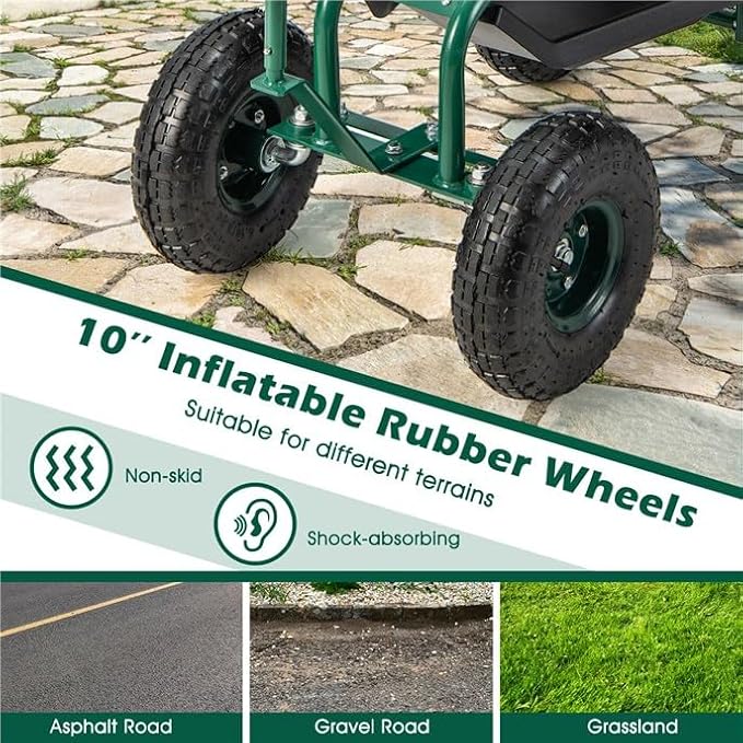 ERGOMASTER Garden Cart Rolling Workseat with Wheels2 Steering Handles360 Degree Swivel Seat &amp Tool Storage Use for Patio Yard and Outdoors Workseat Green