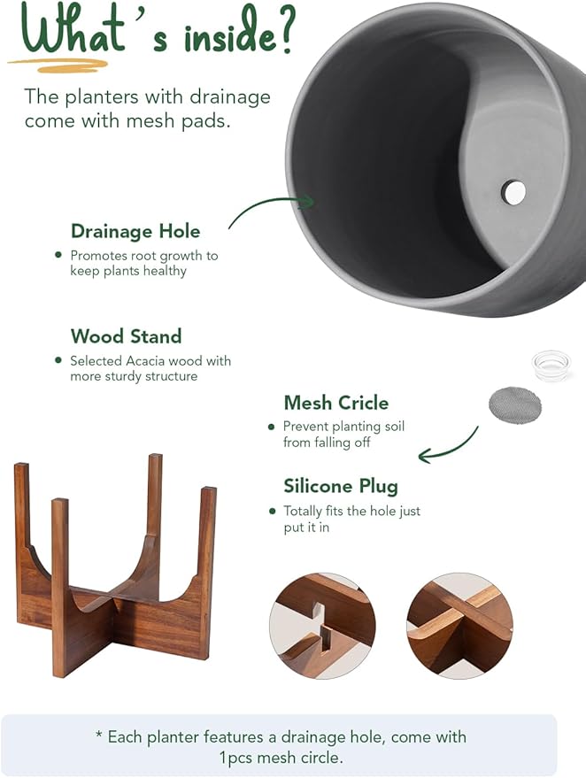 LE TAUCI 10 Inch Plant Pot with Acacia Wood Stand Ceramic Planters for Indoor Plants Plant Pots Indoor for Home Decor Mid-Century Modern Pots for Plants with Drainage Hole and Plug Charcoal Gray