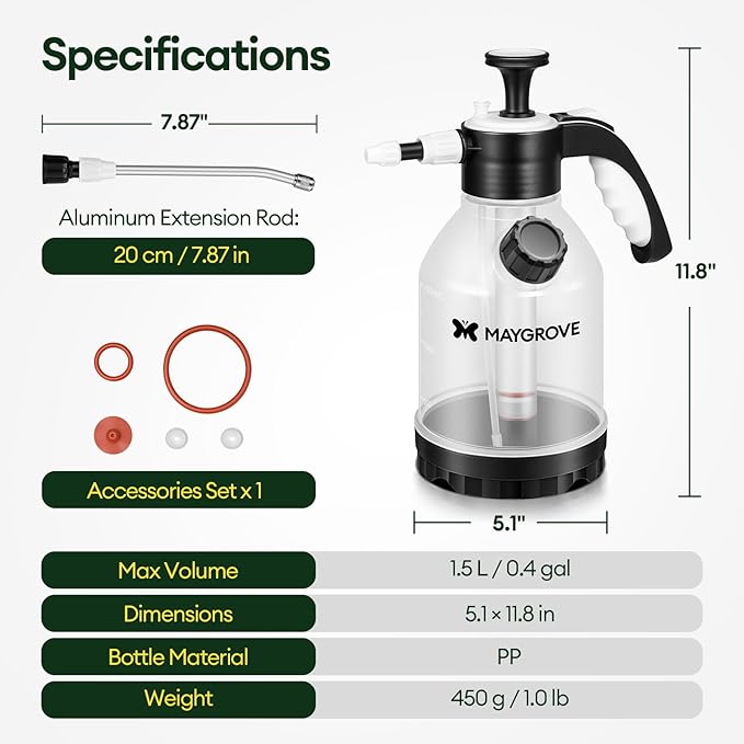 0.4 Gal Pump Sprayer Hand Water Spray Bottle for Indoor Plant Clear Plant Sprayer with Side Filling Port Measuring Cup Adjustable Nozzles Safe Pressure Relief Valve