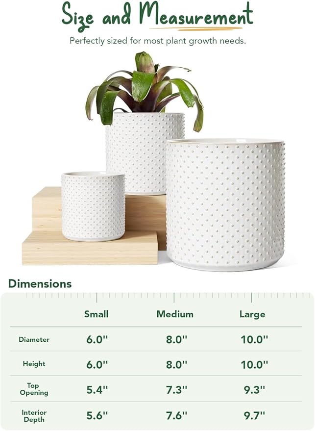 LE TAUCI Ceramic Pots for Plants 10/8/6 Inch Indoor Planters with Draiange Hole Silicone Plug &amp Mesh Pad Modern Rasied-Dots Pots for Home Office Set of 3 Glossy Arctic White