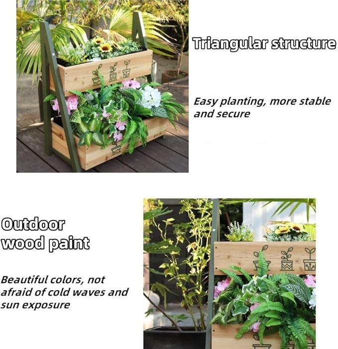 Solid Wood Raised Planter Box with Double Planter Floor-Standing Garden Bed for Outdoor Plants Modern Wooden Flower Rack for Balcony Courtyard Patio and Nursery Use(Natural)