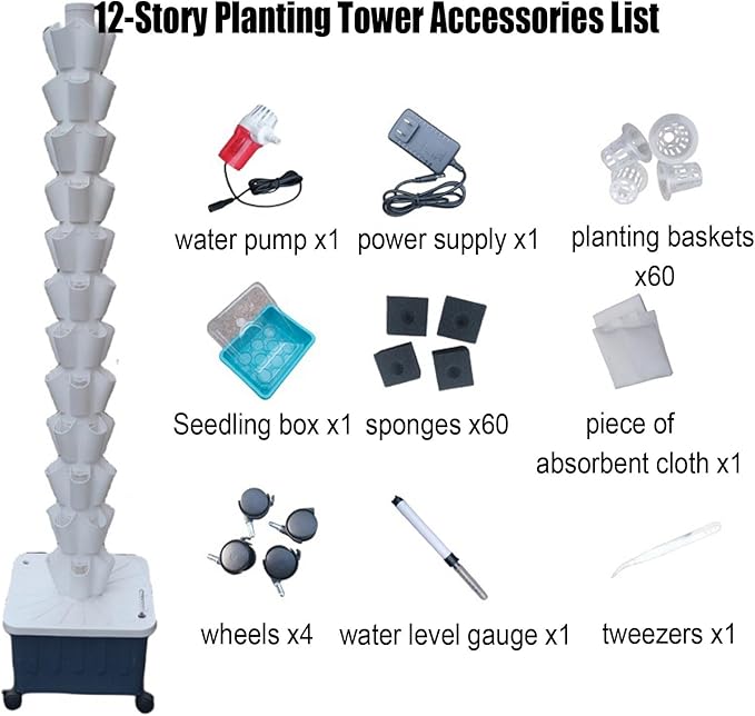 5-Hole Hydroponic Growing System Soilless Cultivation Equipment Garden Balcony Vertical Tower Planters DIY Vegetable Pot&ampPlanter(Gray12th floor)