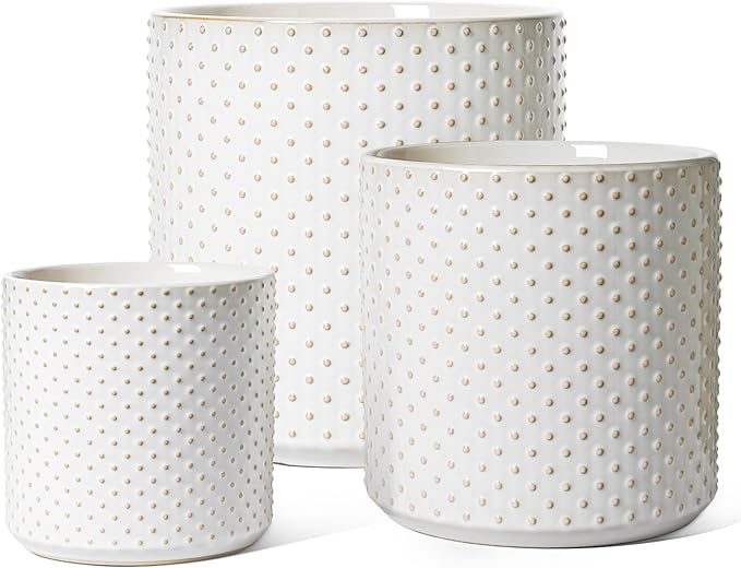 LE TAUCI Ceramic Pots for Plants 10/8/6 Inch Indoor Planters with Draiange Hole Silicone Plug &amp Mesh Pad Modern Rasied-Dots Pots for Home Office Set of 3 Glossy Arctic White