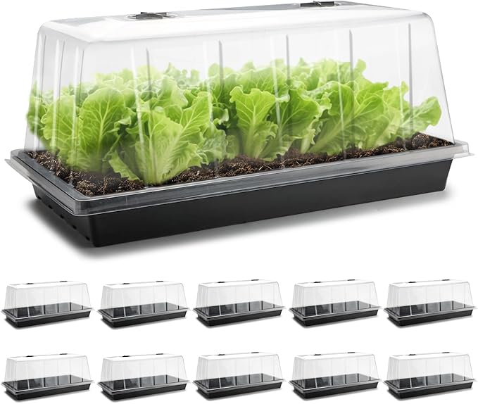 1020 Trays with Tall 7.3'' Dome 10-Pack Extra Large Seed Starter Tray with Humidity Domes Heavy Duty 1020 Seed Trays and Flats with Lid Seed Germination Mini Greenhouse No Hole for Balcony Garden