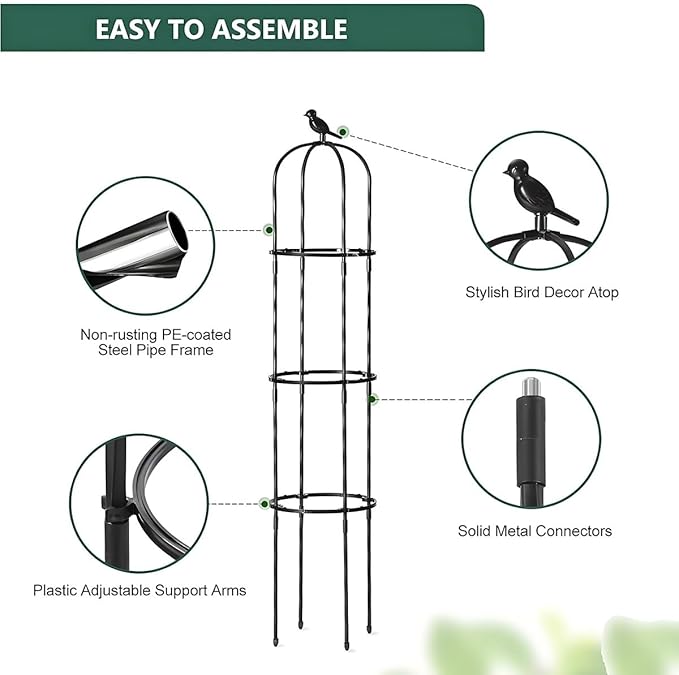 Garden Trellis for Climbing Plants Metal Obelisk Flowers Stand Tomato Cage Plant Support Metal Pipe for Vines Flower Climbing Rose Clematis Vegetable Tomato Trellis(Black20x115cm)