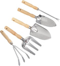 5pcs Wood Handle Stainless Steel Garden Planting Tool Set with Digging Shovel Hand Weeding Tool and Gardening Rake for Outdoor Vegetable Beds and Flower Care