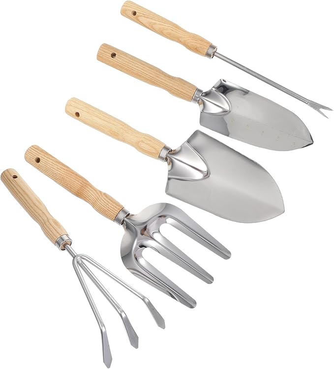 5pcs Wood Handle Stainless Steel Garden Planting Tool Set with Digging Shovel Hand Weeding Tool and Gardening Rake for Outdoor Vegetable Beds and Flower Care