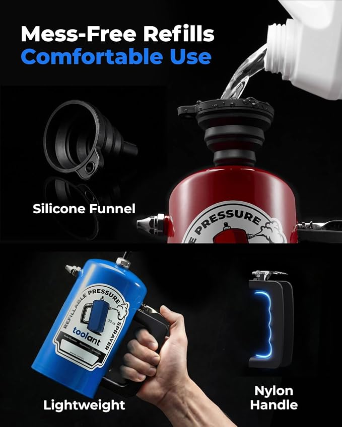 toolant 32 oz Refillable Pressurized Sprayer Steel Canister Rust-Resistant Lining Needle Valve Leak-Resistant 1.0/0.6 mm Nozzles Funnel Included 200 PSI Max for Brake Cleaner &amp Solvents 2