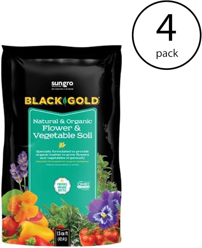 SunGro Black Gold Outdoor Natural and Organic Garden Flower and Vegetables Blend Potting Soil Mix for Outdoor Plants 1.5 Cubic Foot Bag (4 Pack)