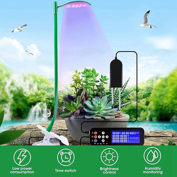 21LEDs Grow Light with Flexible Gooseneck Clip for Indoor Plants Energy-Efficient LED Plant Lamp with Timer Brightness &amp Humidity Control LCD Display for Greenhouse Gardening