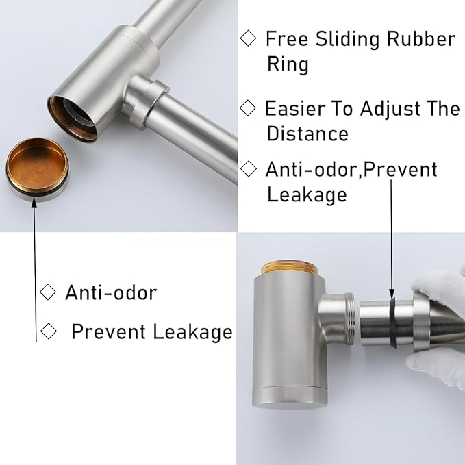 RANDOM Brass Round Bottle P-Trap 1 1/4Raise and Lengthen Adjustable Basin Sink Waste Drain Trap KitBrushed Nickel.RD-83888BN-L