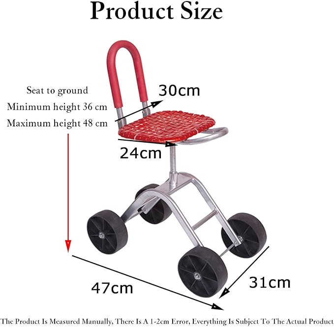 Garden Seat with Wheels Rolling Gardening Stool with Adjustable 360° SwivelFoldable Helperfor Lawn Yard(Red)
