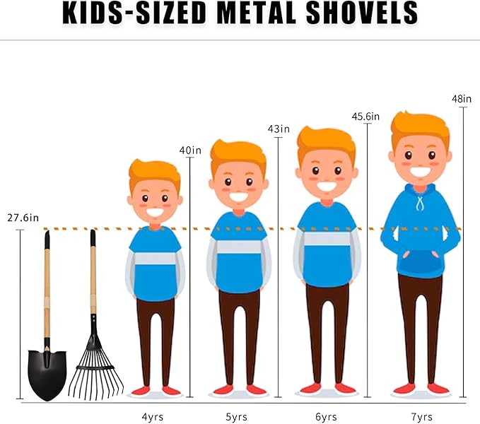 Kids Rake and Shovel Set 2Pcs Garden Tools Metal Head with Wooden Handle Great Gardening Gifts for Boys Girls Age 3 and Up