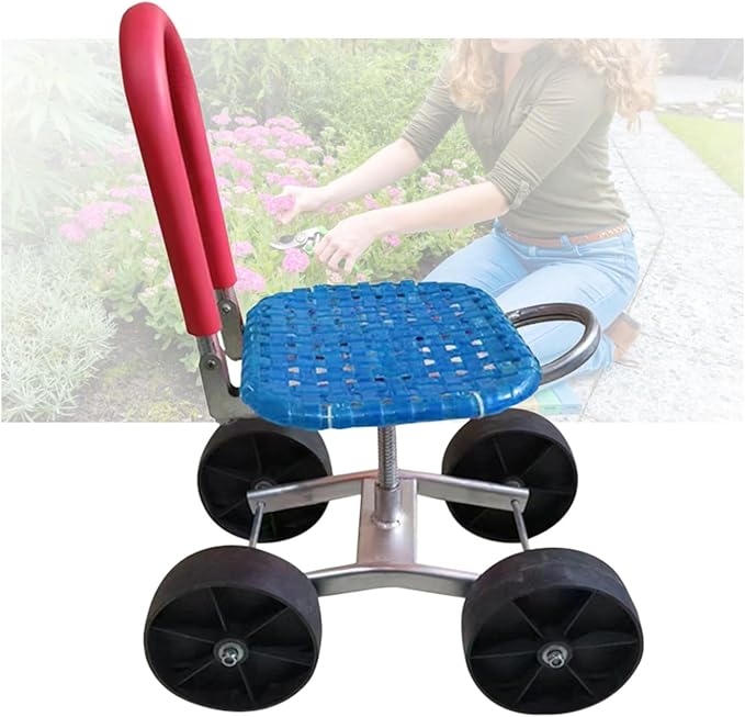 Rolling Gardening Work Stool Bearing 150kg Adjustable HeightGarden Helper with Foldable Backrestfor Yard Patio(Blue4 Wheels)