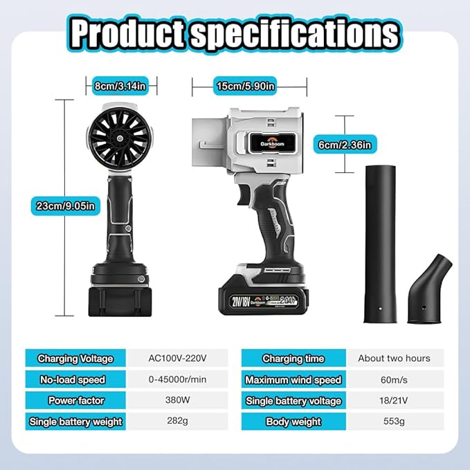 Handheld Leaf Blower Cordless with 45000RPM Turbo Blower 2pcs 21V 2.0Ah PRO Batteries an Adapter Charger and Two Types of air ducts