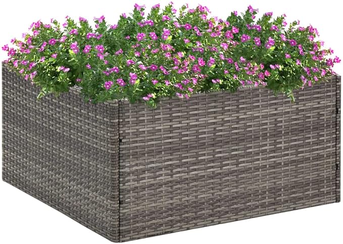 Modern Square Garden Planter Box Outdoor Grey Synthetic Poly Rattan Large Size 31.5x31.5x15.7in with Drainage for Patio Balcony Terrace Planting Flowers and Small Shrubs