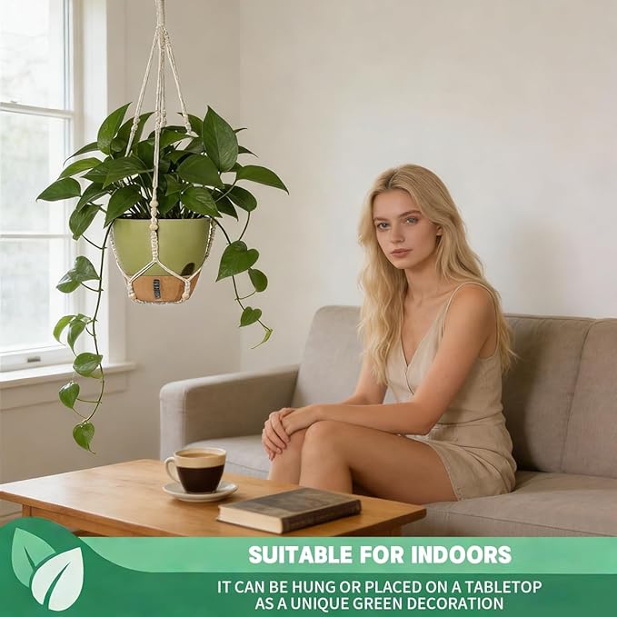 Self-Watering Hanging Planters for Indoor Plants Set 2-Piece Includes Plant Hanging Pot Drainage-Hole Hanging Pot and Hanging Basket Rack (10 Inches Green)