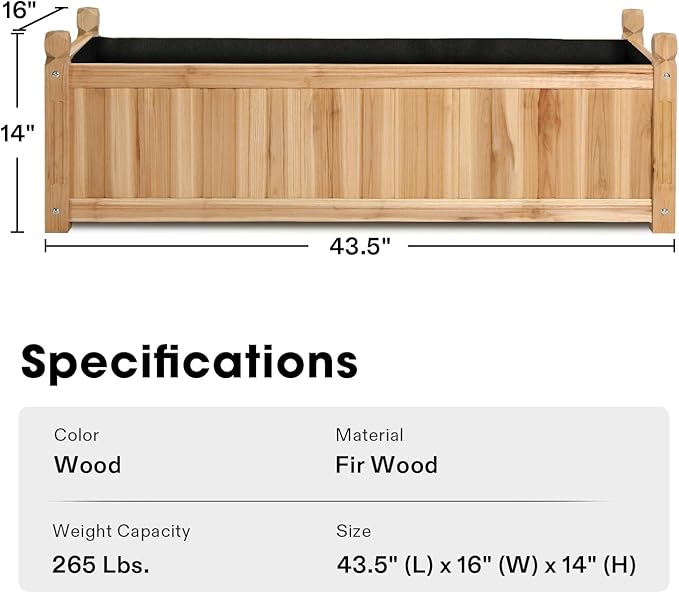 VIVOSUN 3.6 x 1.3Ft Wooden Raised Garden Bed 43.5 x 16 x 14 Inches Outdoor Wood Planter Box with Screwdriver and a Liner for Garden Patio Balcony Backyard and Outdoors