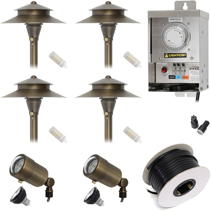 Lightkiwi Q1678 Low Voltage LED Landscape Lighting Kit - (2) Macro Spotlight (4) Path Light Kit