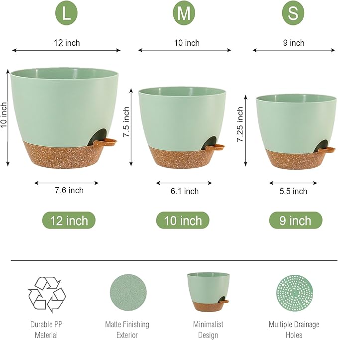 Large Self Watering Pots 12/10/9 Plastic Planters with High Drainage Holes and Deep Reservoir for Indoor Outdoor Garden Plants and Flowers Green with Brown