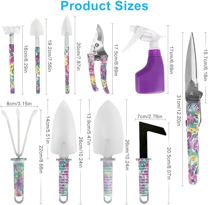 Jhua Garden Tool Set 10 Pieces Gardening Tools Kit with Purple Flower Print Ergonomic Handle Trowel Rake Weeder Pruner Shears Sprayer Garden Hand Tools with Carrying Case Gardening Gifts for Women