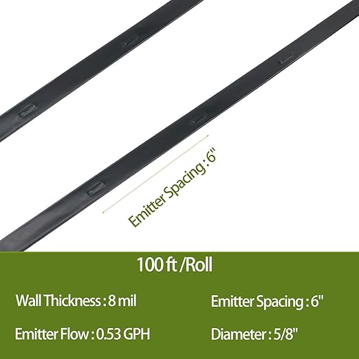 100ft 5/8 Drip Tape Irrigation Spacing 6 8 Mil Irrigation Line Automatic Irrigation Equipment for Garden Flower Patio Lawn - 0.53 GPH Flow Rate