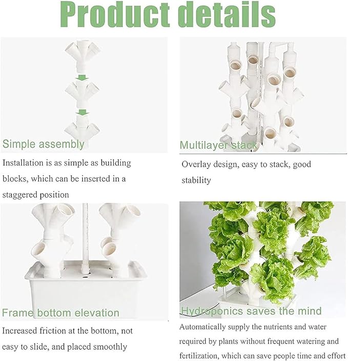 Vertical Hydroponic Tower Vegetable Plant Tower 16/24/32 Pots PVC Pipe Hydroponic Kit Aquaponics Growing System for Leafy Vegetables Herbs Garden Grow Lettuce and Fruits 16Holes ( 32Holes)