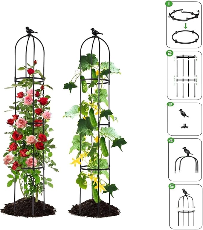 Metal Obelisk Garden Trellis Outdoor Indoor Steel Round Frame Patio Yard Rustproof Sturdy Plant Support for Climbing Vines Clematis Jasmine Vegetable Rose Flowers Stands(BlackD16xH81in/D40xH205CM)