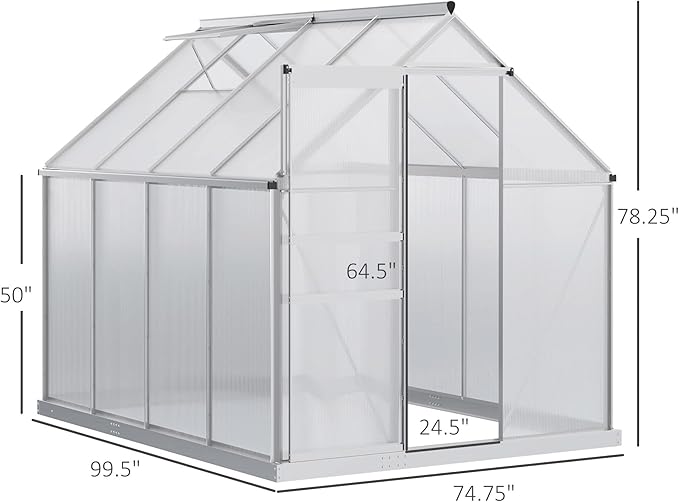 Outsunny 6' x 8' x 6.5' Polycarbonate Greenhouse with Adjustable Roof Vent Walk-in Heavy Duty Green House Kit with Aluminum Frame Sliding Door and Rain Gutter for Winter Silver
