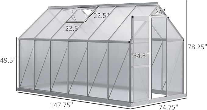Outsunny 6' x 12' x 6.5' Polycarbonate Greenhouse with Adjustable Roof Vent Walk-in Heavy Duty Green House Kit with Aluminum Frame Sliding Door and Rain Gutter for Winter Silver