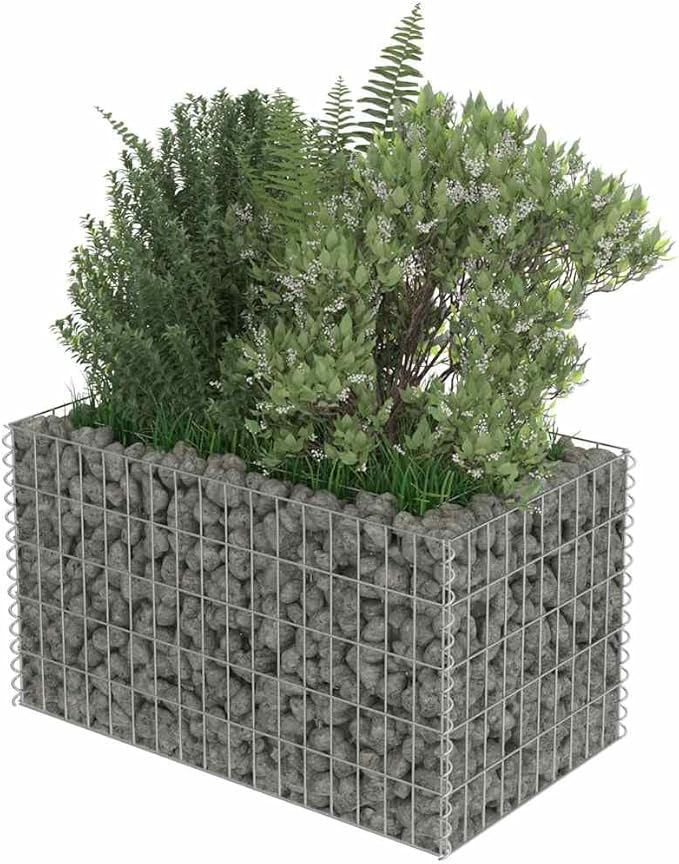 Galvanized Steel Gabion Raised Garden Bed 35.4x35.4x19.7in Silver Rectangular Elevated Planter Box for Flowers Vegetables Patio Yard Modern Metal Outdoor Planter