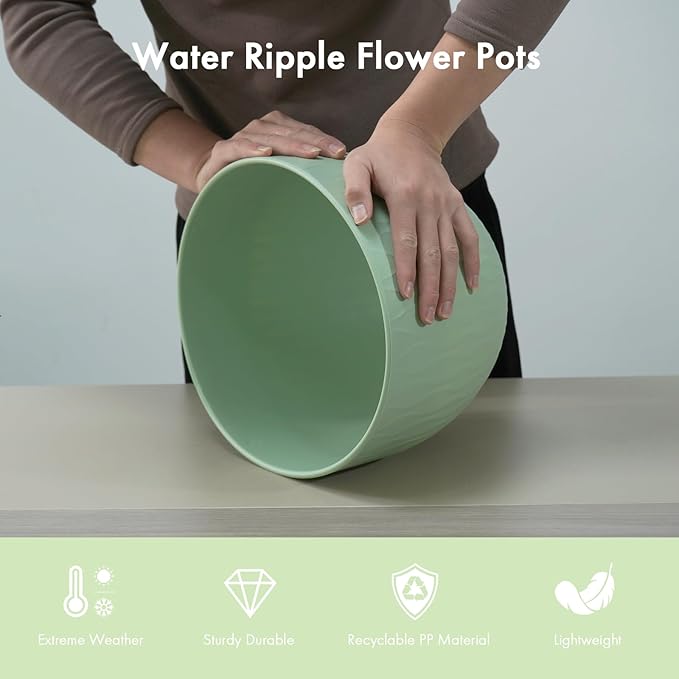 12 Inch Large Plant Pots for Indoor or Outdoor Plants Wide Water Ripples Flower Pots with Drainage Holes &amp Saucer Plastic Planters Set for Garden &amp Home Decor (Green)