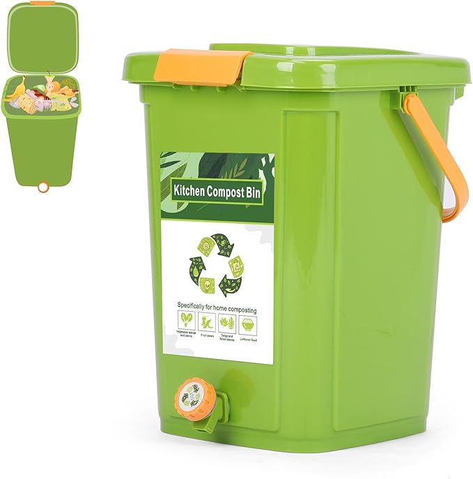 Compost Bin Outdoor 21 L Garden Composting Bin Bags Breathable Screen Window Reusable Garden Yard Waste Bags Speed Up Composting &amp Reduce Odors Indoor Small Kitchen Compost Bin with Lid Green