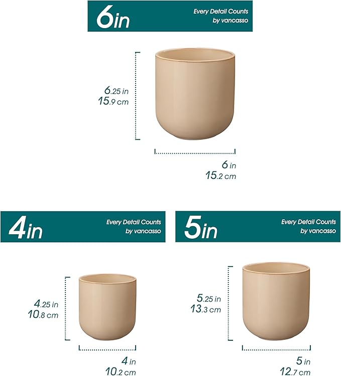vancasso Ceramic Plant Pots 4+5+6 inches Set of 3 Planters with Drainage Hole Flower Pots Planters Pots for Indoor Plants Modern Indoor Decorative Garden Pot Home Decor Brown