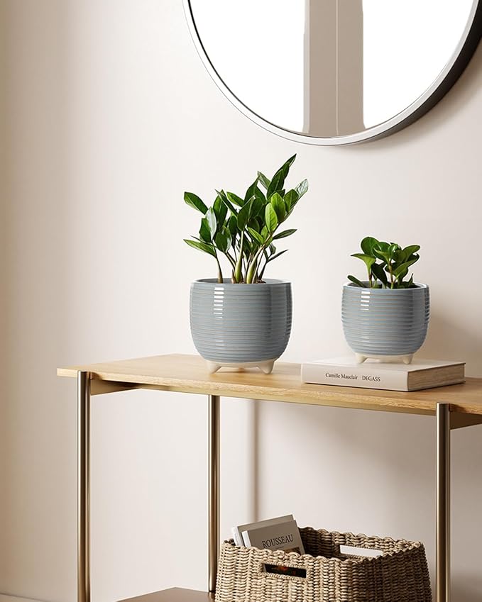 LE TAUCI Ceramic Plant Pots 5.1 + 6.4 Inch Footed Pots for Plants Modern Flower Pots for Home and Office Indoor Planters with Drainage Reactive Glaze Gray