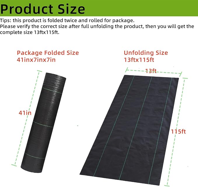 13ftx115ft Weed Barrier Landscape Fabric Heavy Duty Weed Gardening Ground Cover Mat Weed Control Garden Cloth Woven Geotextile Fabric for Underlayment Commercial Driveway Fabric Black