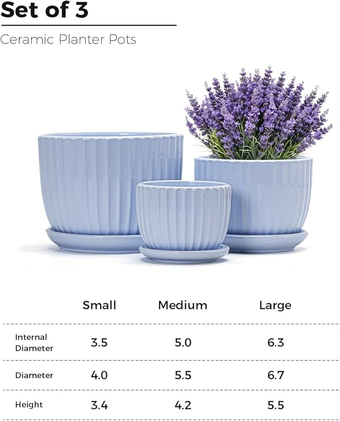 Ton Sin Sky Blue Ceramic Flower Pots 4+5+6 Inch Small Succulent Planters with Drainage HoleModern Indoor Decorative Plant Pots Set of 3Garden Pots with Saucer(Blue)