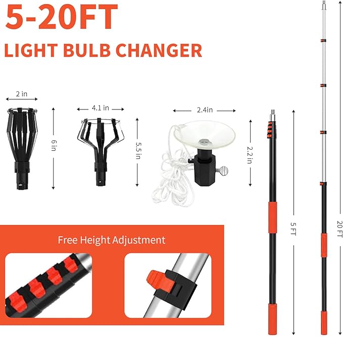 Light Bulb Changer for High Ceilings 5-20FT Telescopic Pole 26FT Max Reach Segment Lock &amp Non-Slip Grip Suction Cup &amp Basket for Multi-Type Bulbs 3/4 Acme Thread for Home/Commercial Use