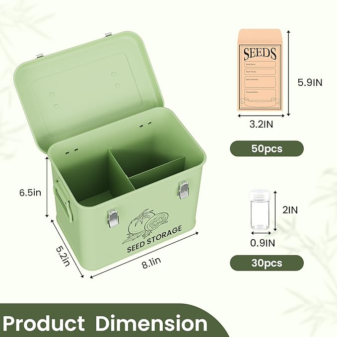 Seed Storage Organizer Box Metal Seed Box Garden Seed Organizer with Lid Seed Containers Storage with 3 Compartments 30 Seed Holder Organizers 50pcs Seed Envelopes (Green)