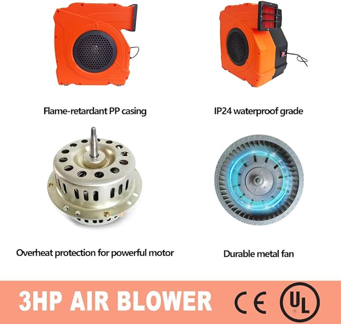 3HP 2150W Inflatable Blower for Bounce Houses Energy Efficient Air Blower Water Slides and Large Outdoor Inflatables