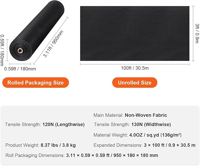 Weed Barrier Fabric Non Woven Geotextile Fabric Under Gravel Driveway Landscape Heavy Duty Weed Barrier(3x100ft 4.0Oz)