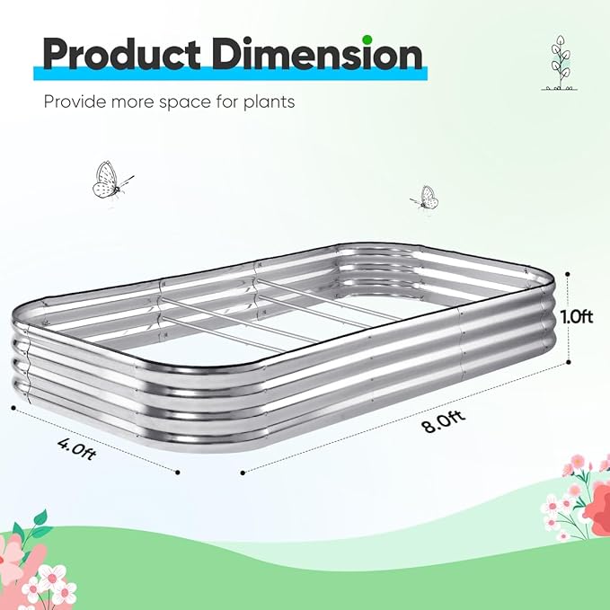 Quictent Galvanized Raised Garden Bed Kit 8x4x1 ft Oval Metal Planter Box for Vegetables Rubber Strip Edging Included (Silver)