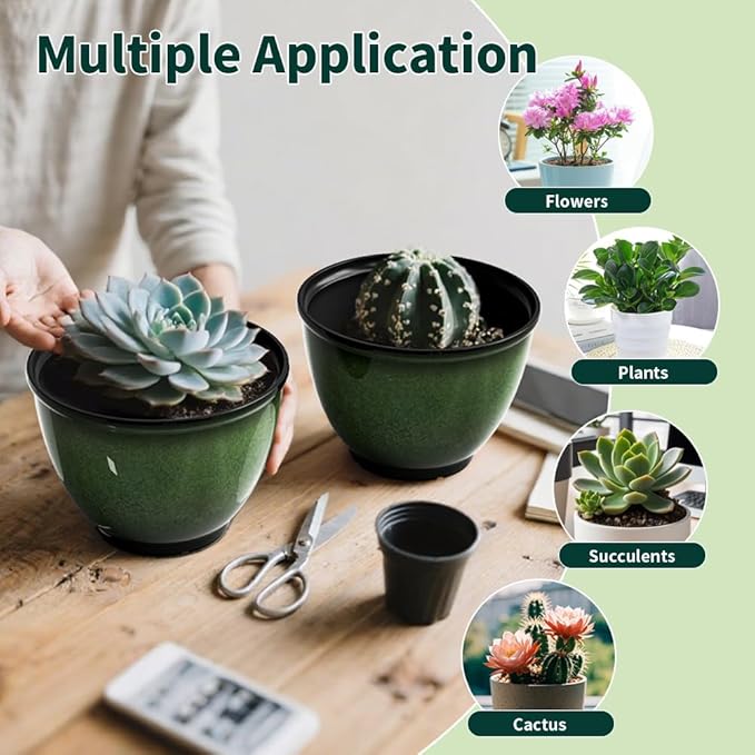 8 Inch Plastic Plant Pots Set of 4 Flower Pots Planters with Drainage Hole Glossy Smooth Finish Planter for Indoor Outdoor Succulent Snake Plants (Green)