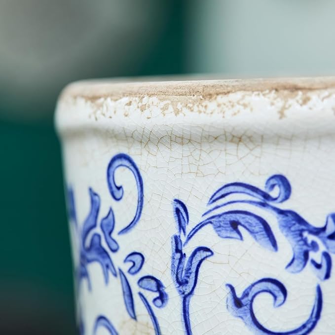 Vintage Ceramic Planter Without Drainage Hole 6.5 Inch - Indoor/Outdoor Flower Pot for Orchids Succulents Blue Floral Rustic Farmhouse Plant Pot for Home Office &amp Garden Décor Ideal Gift