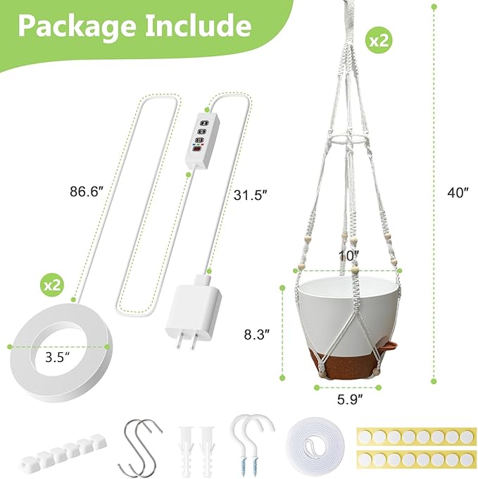 2 Pack Hanging Planters with Grow Light for Indoor Plants 10” Self Watering Pots for Apartments &amp Low-Light Rooms Macrame Hangers Timer Drainage Holes &amp Removable Tray