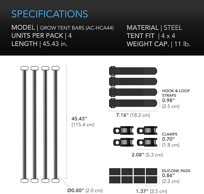 AC Infinity Heavy-Duty Grow Tent Mounting Bars 4x4' High Airflow CFM Kit Prevents Walls from Sucking in Trellis and Supplemental Lights Mounting for All 4x4 Indoor Grow Tents