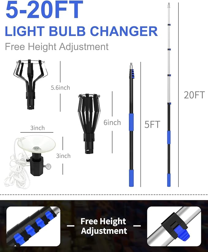 26FT Reach Light Bulb Changer for High Ceilings with Telescopic Extension Pole 5-20Foot Light Bulb Extension Pole Changer with Baskets and Suction Cup for High Ceilings and Recessed Lights