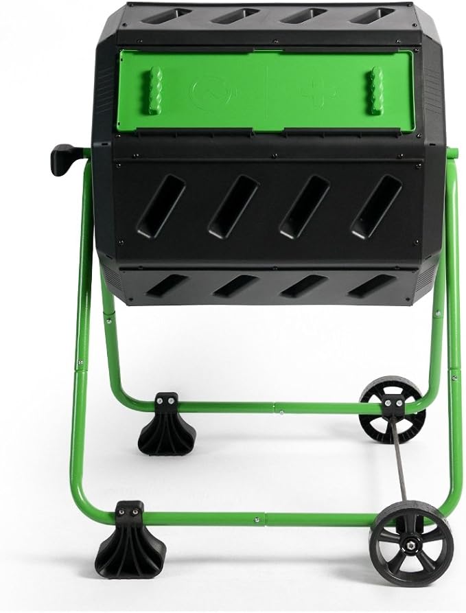FCMP Outdoor HOTFROG Mobile Dual Chamber Tumbling Composter with Wheels - Outdoor Rotating Garden Compost Bin (HF-IM4000-WK) Black &amp Green (37-Gallon)