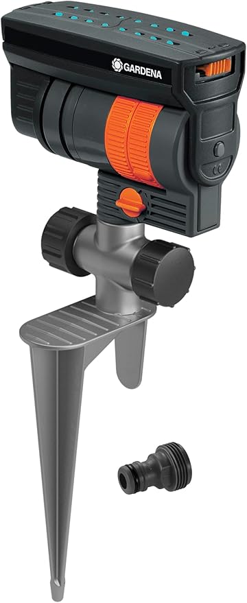 GARDENA 20575 | Up to 2300 sq ft - ZoomMaxx Adjustable Oscillating Sprinkler on Metal Step Spike for Watering Large Area Lawn with US Hose Threads Yard and Garden. Gardena Quick Connects